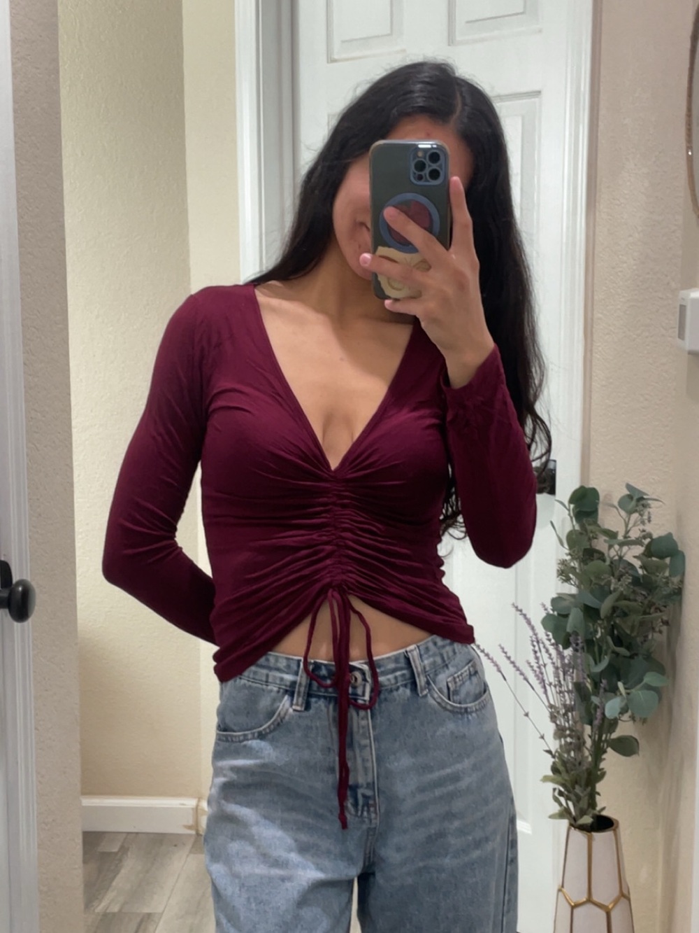 Ambiance long sleeve Maroon jaw string pull top